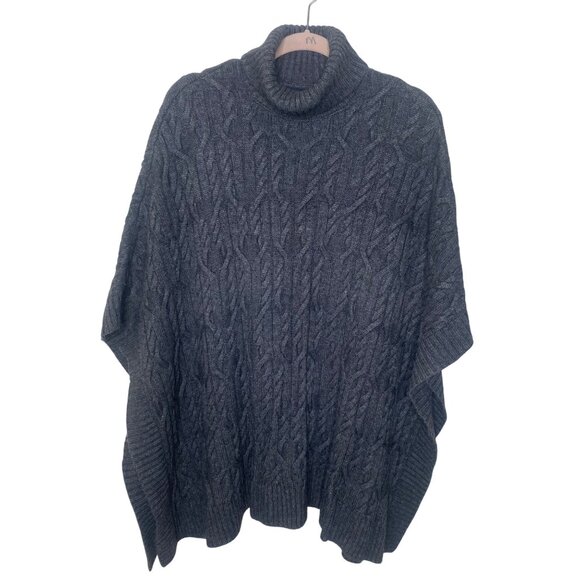 Brooks Brothers Cable Knit Turtleneck Poncho Womens OS Gray Wool Blend - Picture 1 of 8